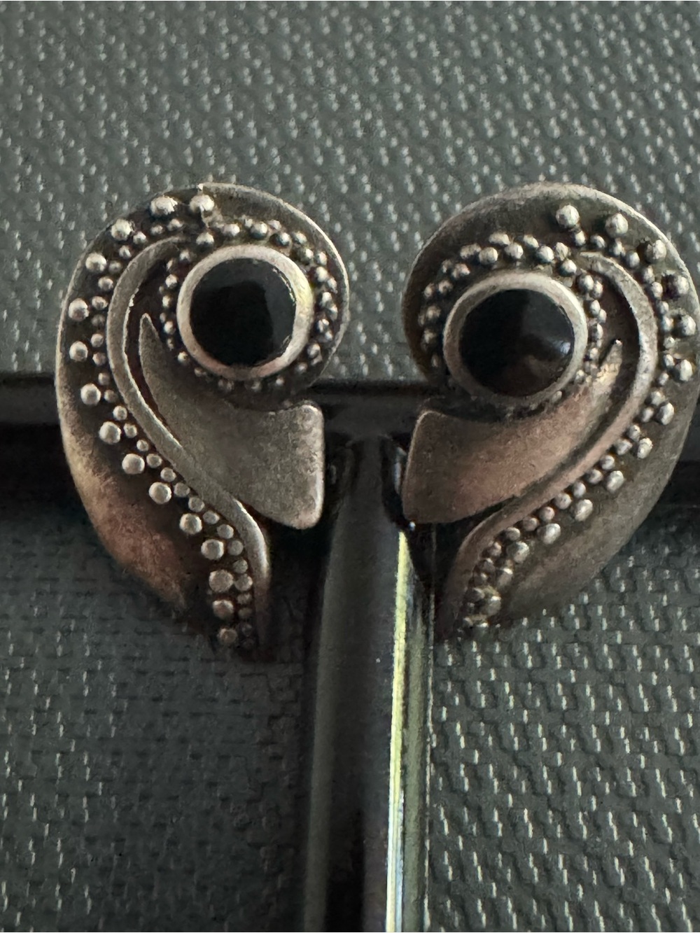 Antique inspired Stamped 925 Decorative Earrings with Black Cabochons stones.